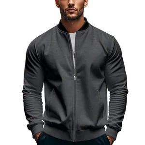 Close-up detail of gray men's zip-up bomber jacket with unique textured long sleeves