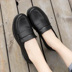 Black slip-on loafers with comfortable air cushion sole for women's work wear