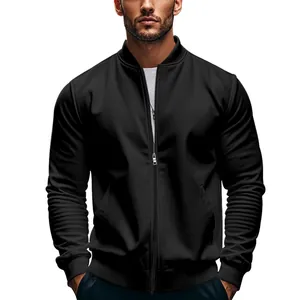 Front detail of a men's black stand-up collar bomber jacket with a metal zipper
