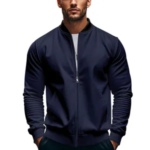 Close-up detail of navy blue men's bomber jacket featuring stand collar and zipper closure