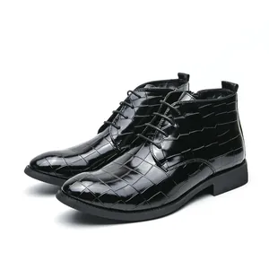 Bottines Martin noires pour hommes, relief crocodile brillant, design montant à lacets