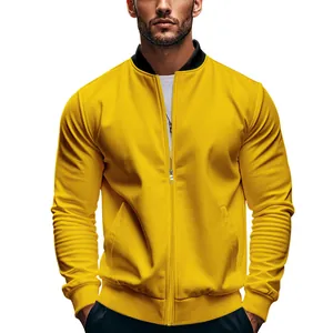 Front view of yellow men's bomber jacket with ribbed sleeves and zipper closure