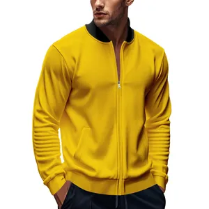 Close-up detail of a bright yellow men's bomber jacket with black stand-up collar.