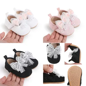 Baby Girls Princess Walking Shoes Bow Lace Soft Sole Anti-Slip Infant First Walkers Toddler Flats Velcro Dress Shoes For Spring Autumn