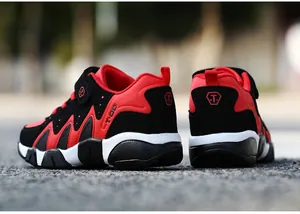 Red and black boys' non-slip leather sports shoes for running and casual wear