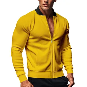 Detailed view of yellow twill bomber jacket featuring black ribbed collar and zipper closure