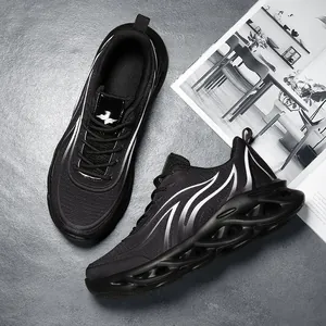 Black breathable mesh men's running shoes with hollow wavy sole design