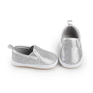 Sparkling silver glitter baby shoes with soft flexible soles for newborns and toddlers