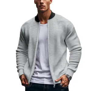 Front view detail of a stylish light grey men's stand collar zipper baseball jacket outfit