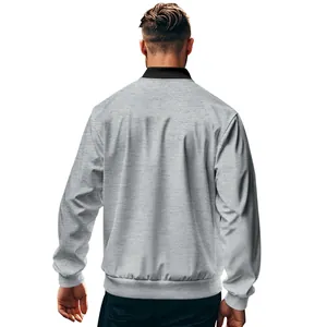Detailed back view of a men's classic grey fall bomber jacket with comfortable stand collar