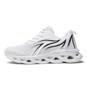 White breathable mesh running shoes for men with lightweight hollowed sole design