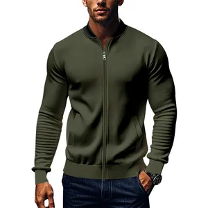 Full view of men's olive green stand collar bomber jacket featuring front zipper.
