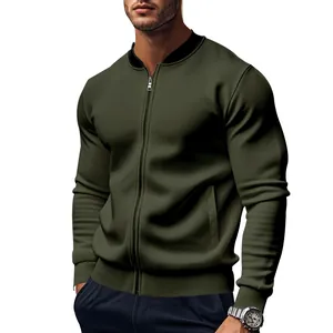 Detail shot of a men's olive green slim fit zip-up bomber jacket for autumn