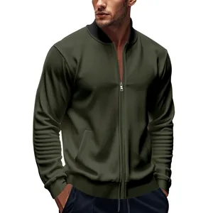 Close-up detail of a men's olive green twill bomber jacket featuring a front zip closure