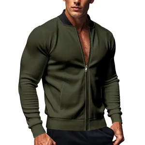 Detailed view of a slim fit olive green men's bomber jacket featuring ribbed cuffs