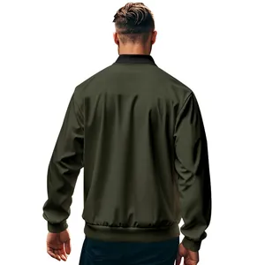 Back view of a men's olive green stand-collar bomber jacket showing fit and fabric