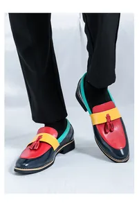 Gros plan de mocassins en cuir pour hommes au design multicolore avec glands rouges