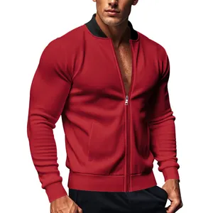 Detail view of a men's red slim fit baseball jacket with black collar and cuffs