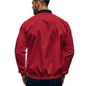 Detailed back view of a stylish red stand-collar bomber jacket for men on a model
