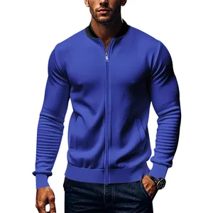 Detailed shot of men's electric blue slim-fit bomber jacket with stand collar