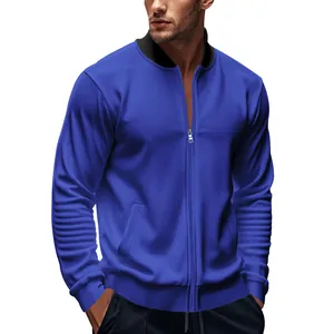 Men's royal blue stand-up collar bomber jacket with full zipper detail for autumn.