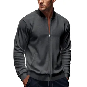 Men's dark grey slim fit bomber jacket with textured sleeves and full zip closure.
