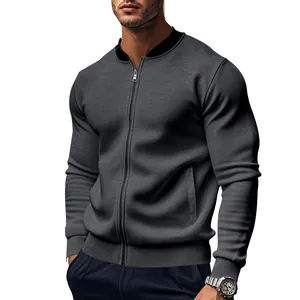 Close-up of a men's charcoal grey zip-up bomber jacket with a sleek stand collar.