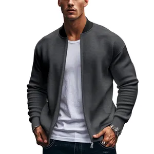 Detailed macro view of gray men's bomber jacket with zip closure and twill texture