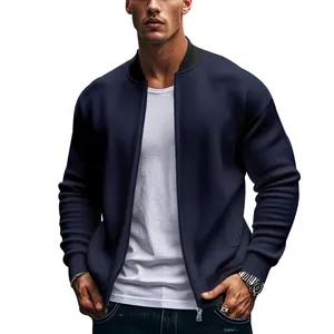 Men's navy blue stand-collar bomber jacket with zipper closure shown on a model