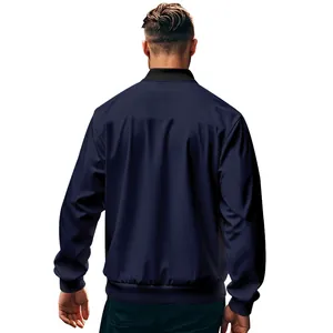 Back view of a classic navy blue men's bomber jacket with ribbed collar and hem