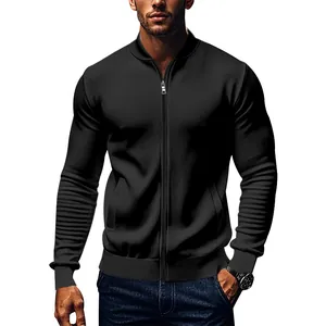 Premium men's stylish black zip-up bomber jacket with stand collar and athletic fit for fall fashion