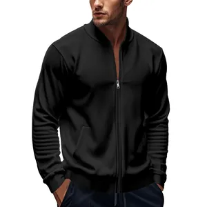 Men's stylish black stand collar bomber jacket with full front zipper and ribbed cuffs