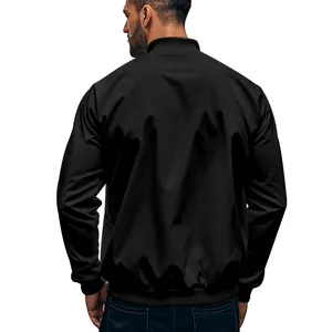 Back view of a classic black men's stand-up collar bomber jacket in twill fabric