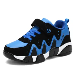 Blue and black boys sports running shoes with durable leather upper and velcro strap