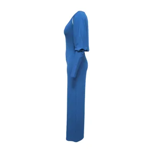 Seitenansicht dieses blauen gerippten Sets aus Langarm-Bolero und ärmellosem Jumpsuit