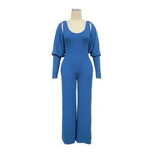 Zweiteiler blau geripptes Jumpsuit-Set mit ärmellosem Romper und langärmligem Bolero.