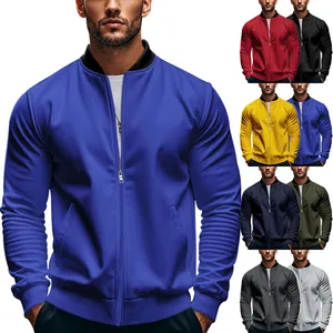 Men American Twill Stand Collar Baseball Jacket Casual Slim Fit Zip Up Outerwear Windproof Solid Color Long Sleeve Top