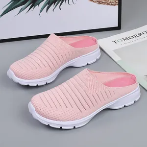 Unisex Fly-knit Breathable Mules Casual Outdoor Travel Lightweight Thick Sole Half Slippers For Women Men Soft Mesh Loafers