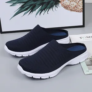 Breathable navy blue knitted backless slip-on sneakers for outdoor travel and leisure