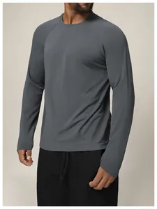 Detail view of men's grey long-sleeved athletic top showing breathable mesh texture