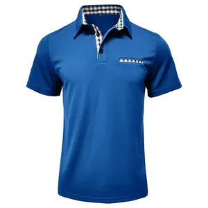 Classic blue men's Polo shirt with breathable mesh fabric and checkered collar detail.