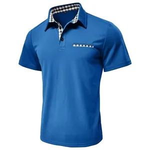 Men's blue short sleeve polo shirt with stylish checkered collar and pocket detail