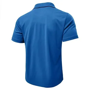 Back view of a breathable blue short-sleeved polo shirt for men featuring a stand collar.
