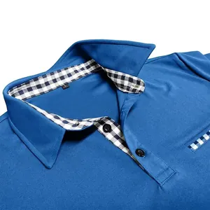 Men's blue short sleeve polo shirt featuring breathable fabric and checkered collar detail