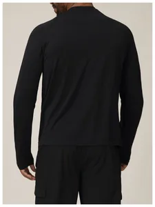 Rear view of a premium black quick-dry long-sleeved sports shirt on a male model.