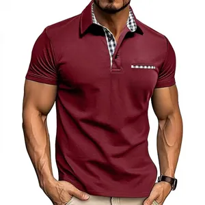 Men's slim fit burgundy polo shirt with plaid collar accents and chest pocket