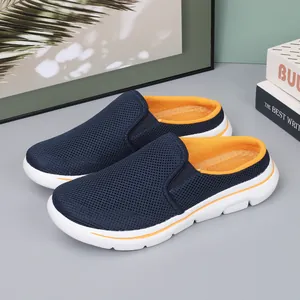 Breathable navy blue mesh half slippers with orange lining and comfortable white sole