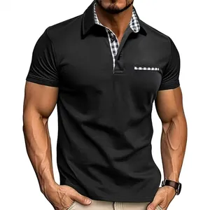 Stylish slim fit black polo shirt for men with checkered collar and pocket detail
