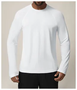 Detailed front view of white seamless moisture-wicking long-sleeve athletic gym shirt.