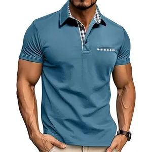 Premium men's blue short-sleeve polo shirt featuring stylish plaid trim and breathable fabric